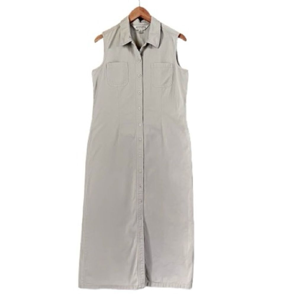 VTG Y2K Annex Casual Corner Cream Denim Maxi Dress Notched Collar Flaw SZ 10